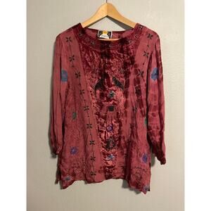 Vintage Women Tunic Medium Maroon Floral Embroidered Velvet Trim Witchy Boho 90s